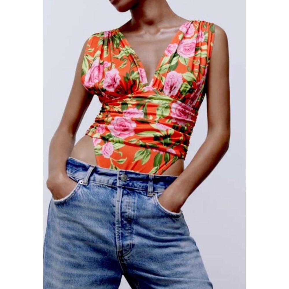 ZARA PRINTED DRAPED BODYSUIT Floral Size S/small . NWT - Picture 2 of 5